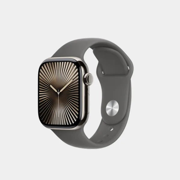 Apple Watch Series 10 GPS + Cellular 42 mm Natural Titanium Case with Stone Grey Sport Band-S/M MWXD3