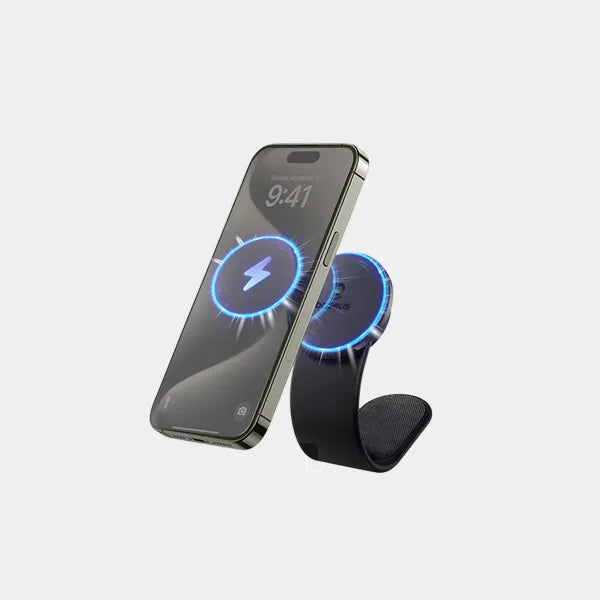Baseus C02 Pro magnetic wireless charging car mount with illuminated charging indicator and smartphone.