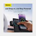 Baseus C02 Pro Series Magnetic Wireless Charging Car Mount showing easy snap-on charging with a smartphone.