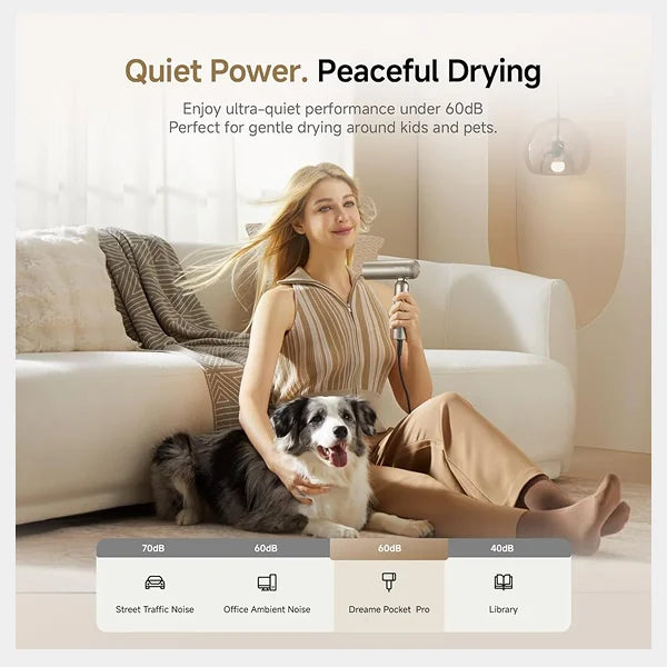 Dreame Pocket Pro Hair Dryer, Dual Voltage Travel Blow Dryer with Diffuser, 1300W Professional HighSpeed Ionic Hair Blower, Fast Drying, Low Noise, Lightweight, No Heat Damage, Global Travel 120V/240-ADH51-GOLD