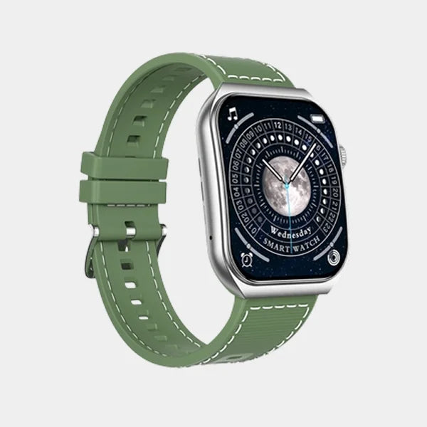 Swiss Military Alps 3 Smartwatch / 1.96 inch AMOLED Curved Glass Display / 250 mAh / 1 Week Battery Life / IP67 Water Resistant (SM-WCH-ALPS3-SILF-GRN) - Silver Frame with Green Silicon Strap