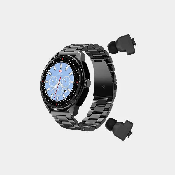 Swiss Military DOM Musical Series 1 with Built-in TWS Smartwatch | 1.39-inch Display | Gun Metal Frame | IP67 IP Rating | Fitness and Sleep Monitoring | SM-WCH-DOM-MUS1-GUNMF-BLKMS -  Black Metal Strap
