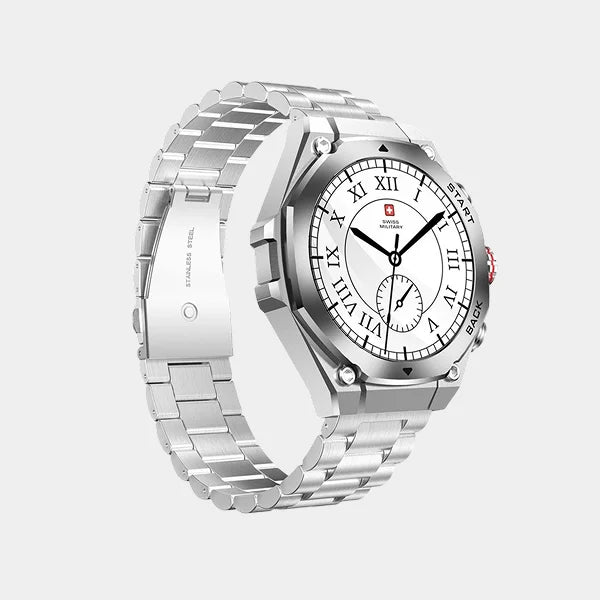 Swiss Military Dom 6 Smart Watch with 1.43 inch AMOLED Display | 7 Days Battery | IP67 Water Resistance | Silver Frame Silver Metal Strap | SM-WCH-DOM 6-SILF-SILMS - Silver