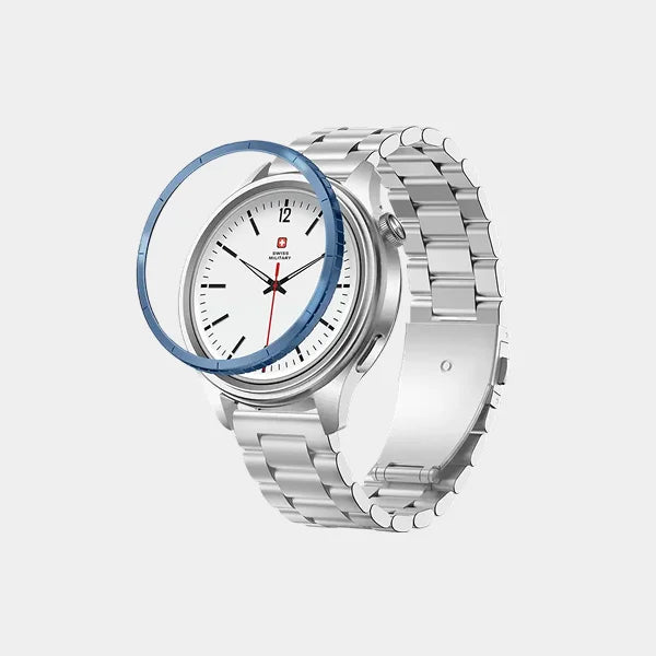 Swiss Military Dom 8 Smartwatch | 1.43-inch AMOLED Display | Silver Strap and Blue watch Ring | GPS and Health Tracking | Touchscreen | Fitness and Sleep Monitoring | SM-WCH-DOM8-SILF-BLU-RING-STLS - Steel/Blue