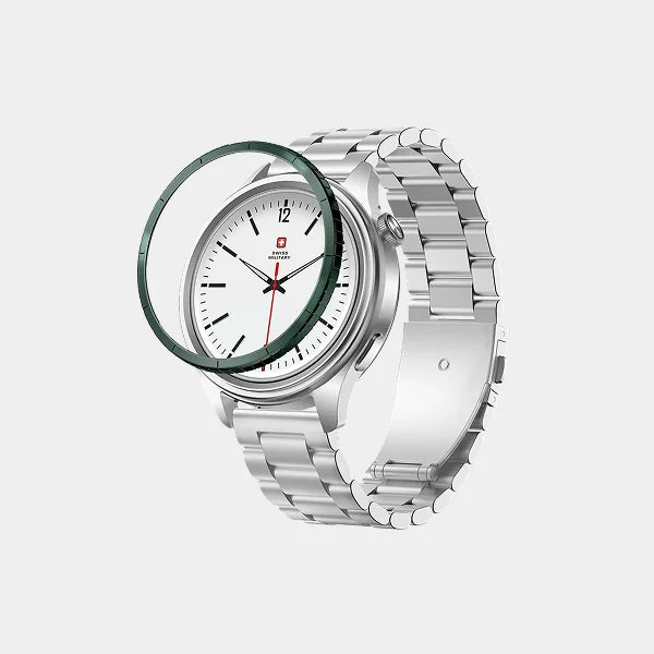 Swiss Military Dom 8 Smartwatch | 1.43-inch AMOLED Display | Silver Strap and Green watch Ring | GPS and Health Tracking | Touchscreen | Fitness and Sleep Monitoring | SM-WCH-DOM8-SILF-GRN-RING-STLS - Steel/Green