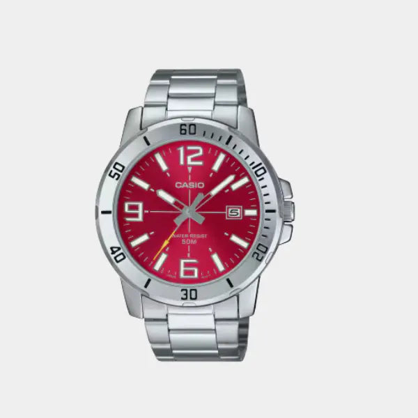 CASIO Mens  Watch Red Dial with Stainless Steel Bracelet - MTP-VD01D-4BVUDF