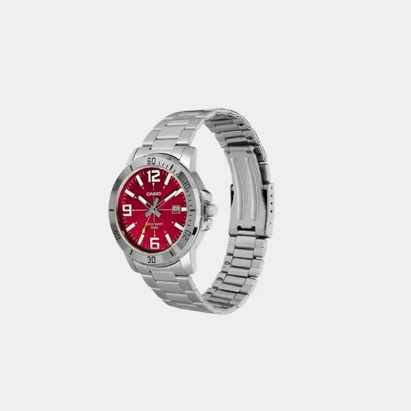 CASIO Mens  Watch Red Dial with Stainless Steel Bracelet 