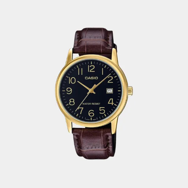 Casio Men's Watch Quartz Black Dial Brown Leather Strap Date MTP-V002GL-1BUDF