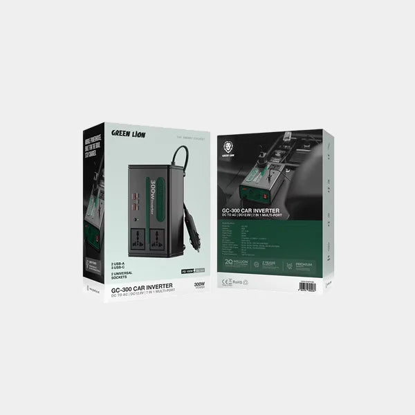 Green Lion GC-300 Car Inverter 7 in 1 Multi Port - Black in qatar