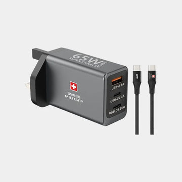 Swiss Military 65W GaN II Wall Charger with 2 USB-C USB-A Ports - Grey