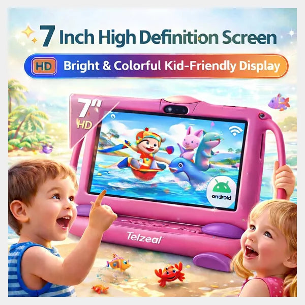Telzeal P600 Kids Tablet |7 Inch HD Display| 6GB RAM 128GB Storage| Android 10.1 OS| Dual SIM| 3000mAh Battery - Pink