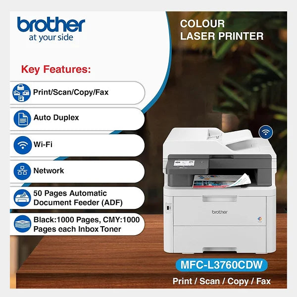 Brother Colour LED  3 in 1 Printer With  Duplex |WLS & Wired  N/W|50 Sheet  ADF|Upto 26PPM|DCP-L3560CDW