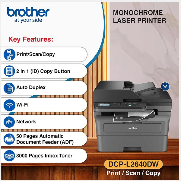 Brother  Mono Laser 3 In 1 Printer With Duplex And Wireless| 50 Sheet Adf|Upto 34ppm|DCP-L2640DW