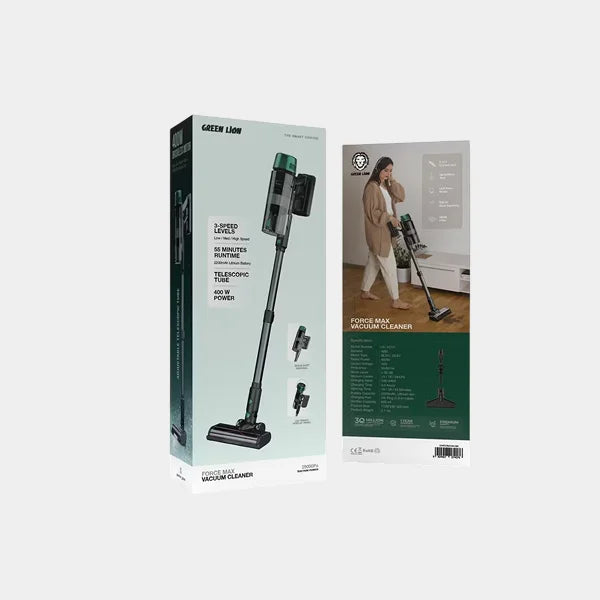 Green Lion Force Max Vacuum Cleaner with LED Smart Display Panel, 700mL Dustbin Capacity, 400W Rated Power, Up to 45 Minutes Working Time, Adjustable Telescopic Tube, - Black