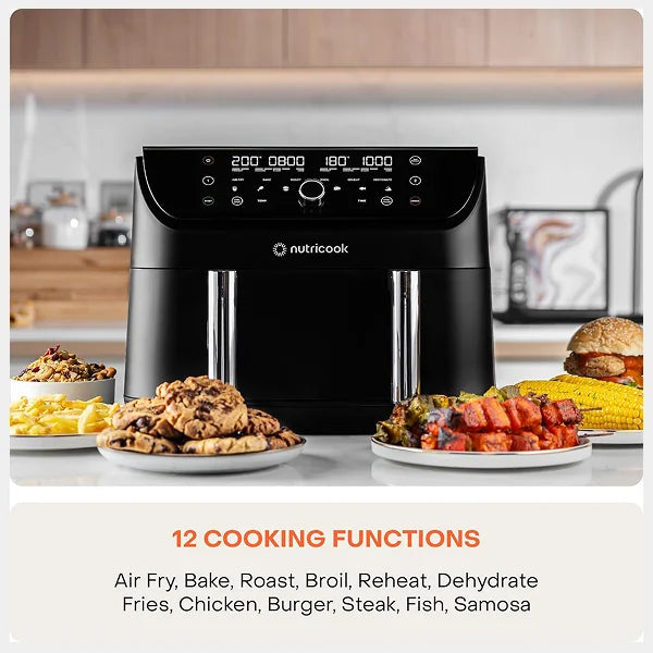 Nutricook Air Fryer Duo 2 Flexzone | 8.5L XL Basket| Middle Divider|2 Independent Cooking Zones| Air Fry|Bake|Roast| Broil| Reheat&Dehydrate| 6 Presets|AFD285- Black