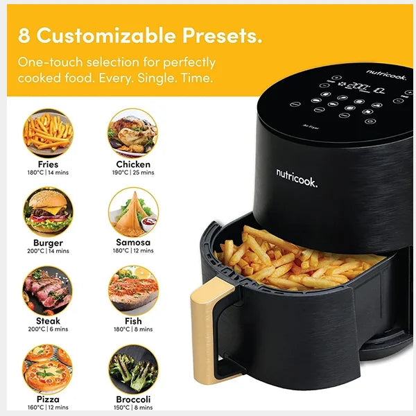 Nutricook Air Fryer Mini| 1500 Watts| Digital Display| Tempered Glass Control Panel| 8 Preset Programs with built-in Preheat function| 3.0 Liters|AF103- Black