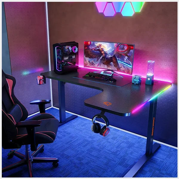 Porodo Gaming Xcommand Carbon Fiber Gaming Table with RGB Lights & Holders - Black