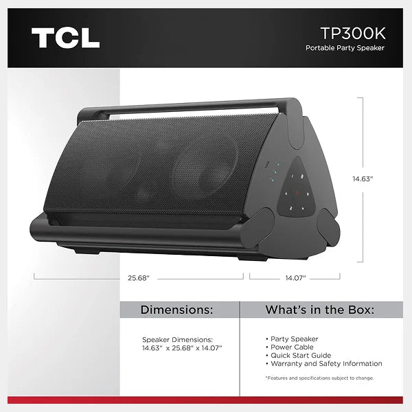 TCL TP300K Portable Bluetooth Party Speaker with 8 RGB Dynamic Light Shows, 18 Hr Battery, and IPX4 Splash-Proof Rating
