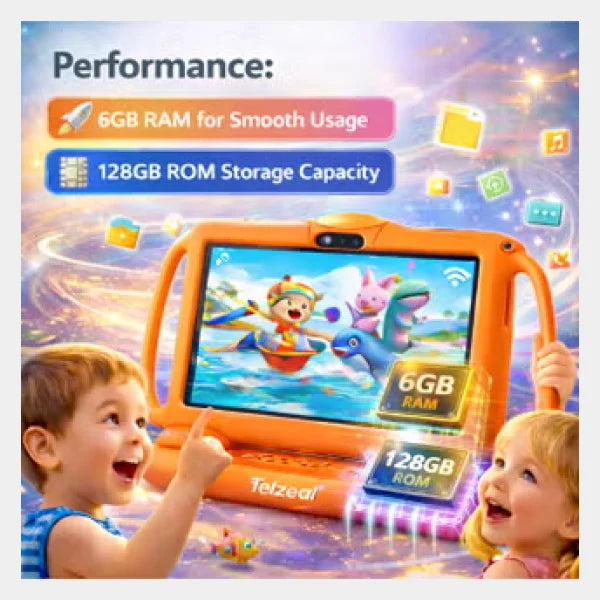 Telzeal P600 Kids Tablet |7 Inch HD Display| 6GB RAM 128GB Storage| Android 10.1 OS| Dual SIM| 3000mAh Battery -Orange